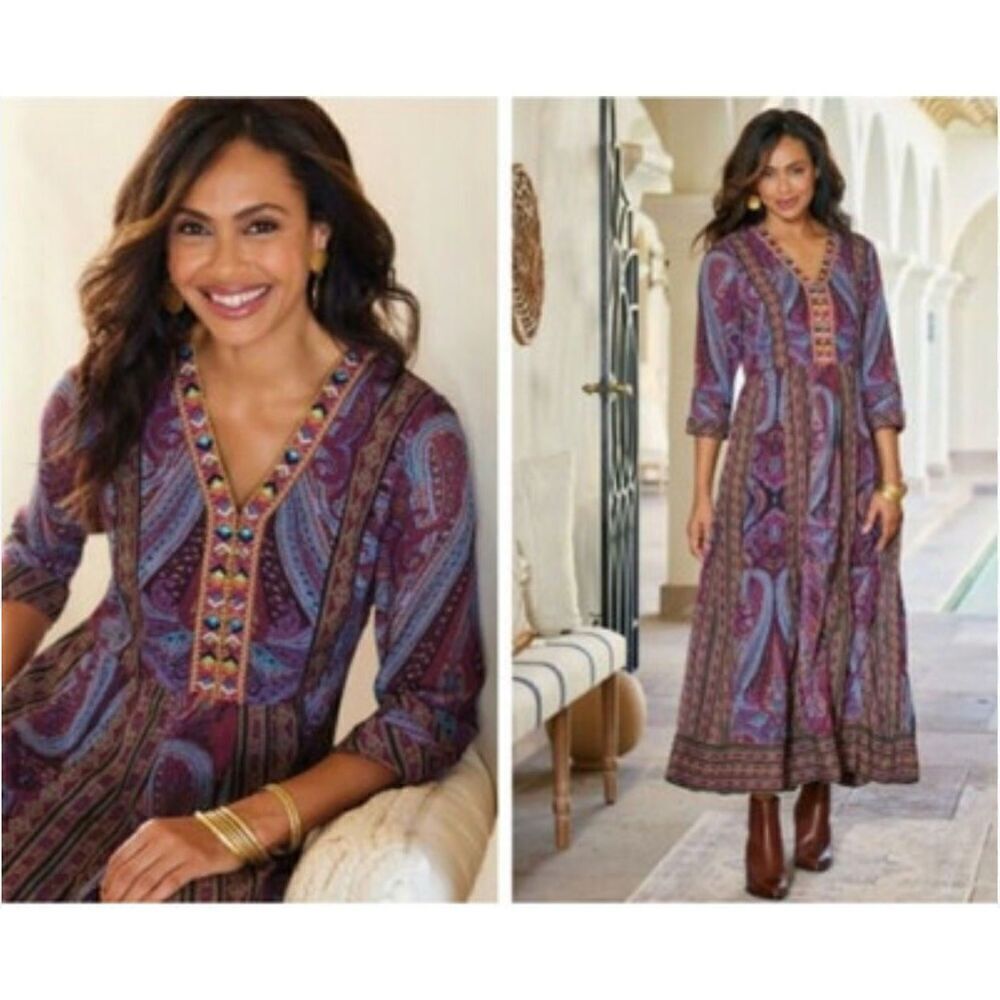 Soft Surroundings Mira paisley Embroidered beaded neckline boho dress L